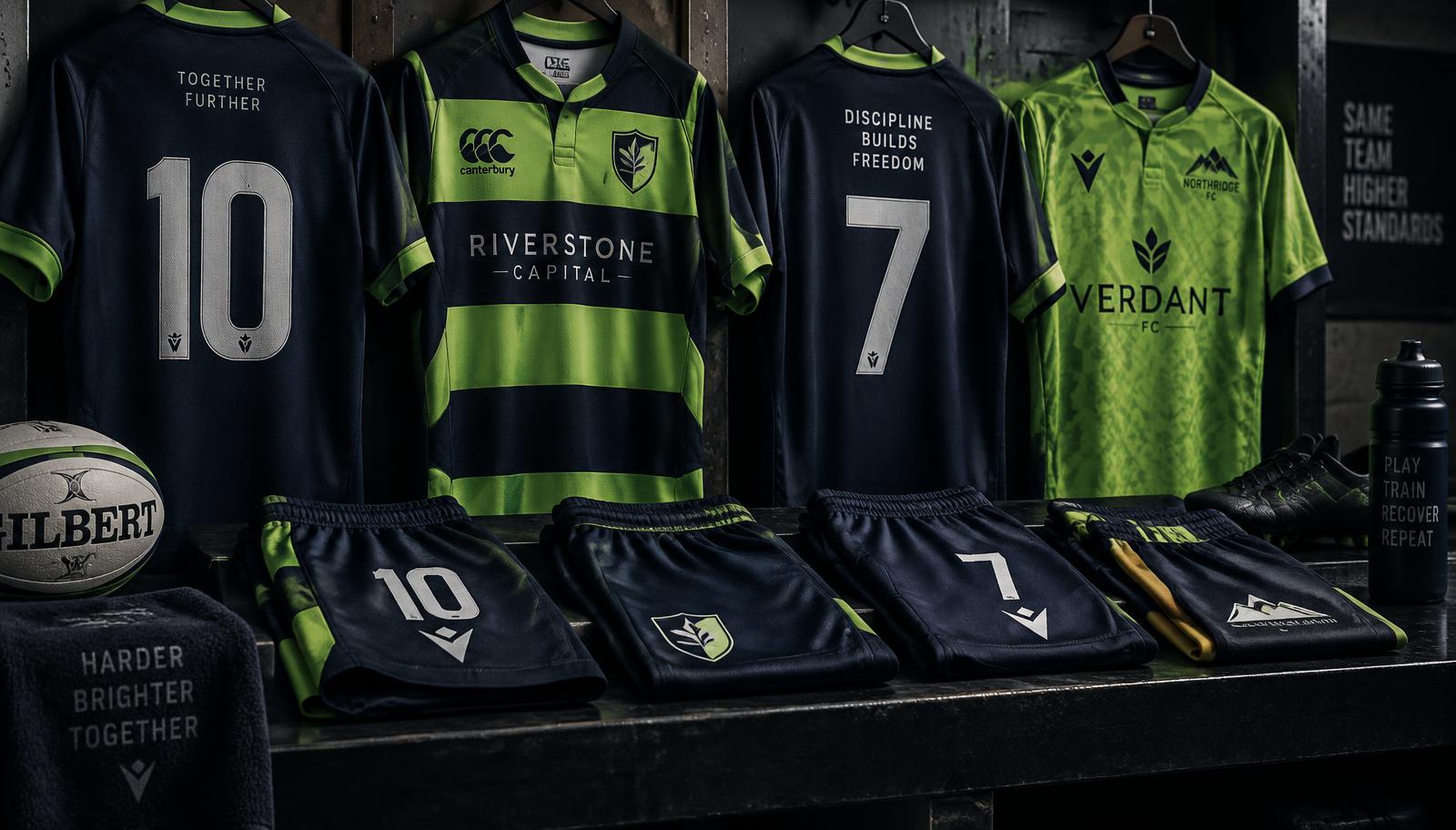 Navy and lime team kit laid out in a changing room